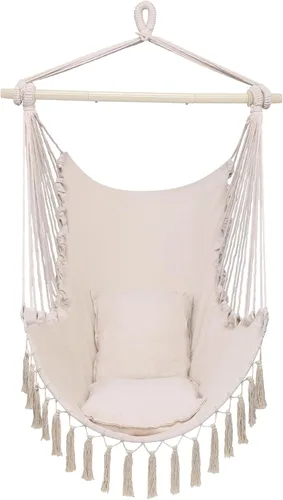 Miniatura 6 de Silla colgante hamaca – Asiento columpio de cuerda de algodón – máximo 250 libras – 2 cojines incluidos – para interior y exterior, dormitorio, Beige