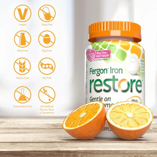 Miniatura 5 de Fergon Iron Restore - Tabletas masticables suaves para el estómago, sin estreñimiento, hierro de 27 mg para apoyo energético, 60 tabletas