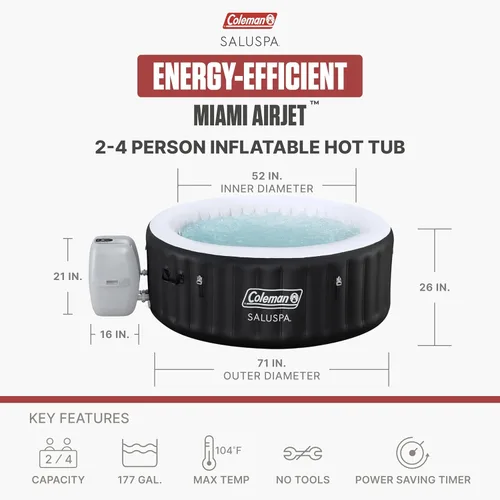 Miniatura 2 de Coleman Miami - Bañera de hidromasaje inflable para 2 a 4 personas, spa portátil de bajo consumo redondo para exteriores con 120 AirJets, 71 x 26