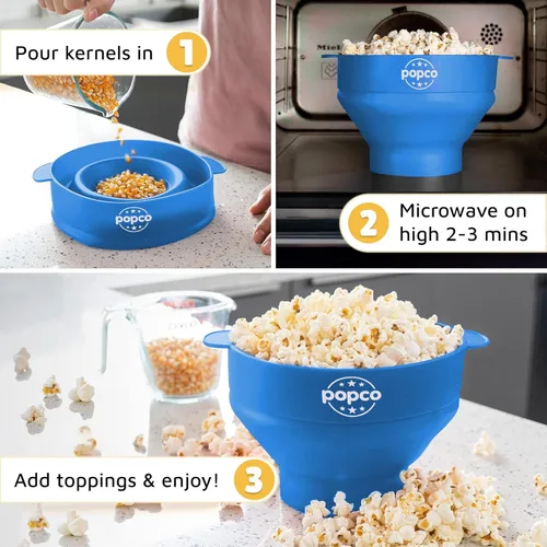 Miniatura 5 de Popco Máquina de palomitas de maíz de silicona, para microondas con asas, cuenco plegable, resistente al calor, fácil de limpiar, ideal para noches