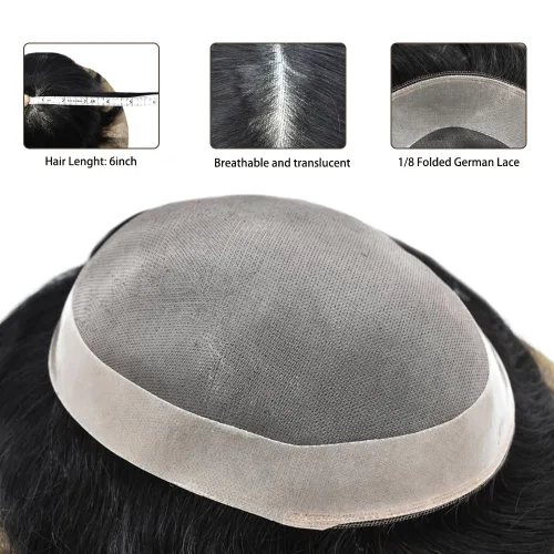 Miniatura 5 de LYRICAL HAIR Toupee para hombres de aspecto natural de cabello humano fino mono encaje hombres reemplazo sistema de pelo PU polipiel alrededor