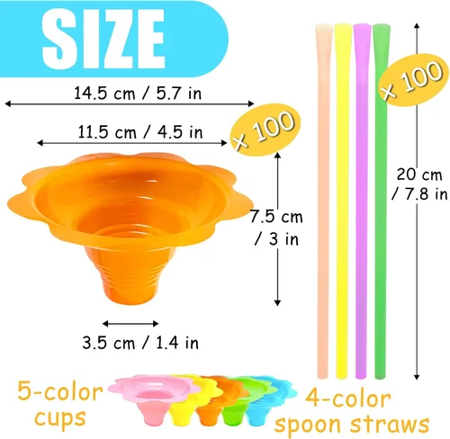 Miniatura 2 de Juego de 200 tazas coloridas de cono de nieve de 4 onzas con 100 popotes de cuchara y 100 tazas, vasos de plástico reutilizables para goteo de hielo
