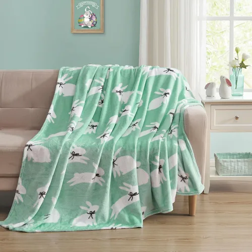 Miniatura 9 de Manta de forro polar suave para primavera de niñas y niños: bebés, pollitos, pájaros, flores en suave y acogedor amarillo, verde, rosa sobre fondo