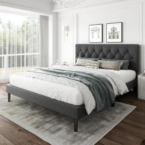 Miniatura 11 de CXVX Marco de cama de tamaño matrimonial con estructura de plataforma y cabecera tapizada, diseño con botones, listones de madera resistentes,