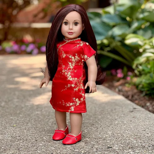 Miniatura 2 de Asian Beauty - Vestido tradicional asiático rojo y dorado con zapatos rojos, ropa para muñecas de 18 pulgadas (toll no incluido) Vestido