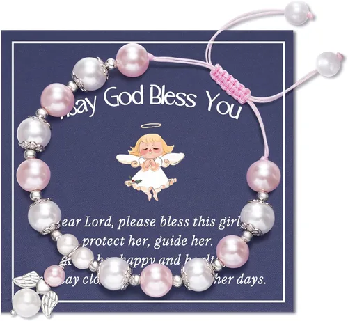Lanqueen Pulsera cristiana de bautismo para la primera comunión, regalos para niñas, niños, hija, hijo, nieta, nieto, cruz, ángel, pulsera con
