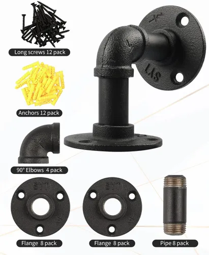 Miniatura 3 de MUZIK Paquete de 4 Soportes de Estante Flotante de Tubería Resistente, Soportes de Estante de Tubos en L Negros, Soportes de Estantería de Hierro