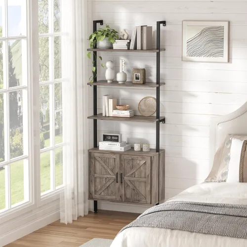 Miniatura 8 de Estantería de escalera con gabinete, estantería industrial de 6 niveles con diseño de escalera para montaje en pared con gabinete estilo granja