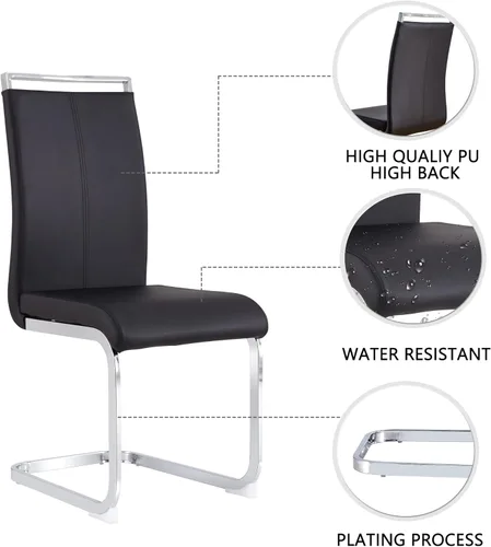 Miniatura 6 de gopop Juego de sillas de comedor, sillas modernas de metal con asiento acolchado de piel sintética, respaldo alto y patas cromadas resistentes, Negro