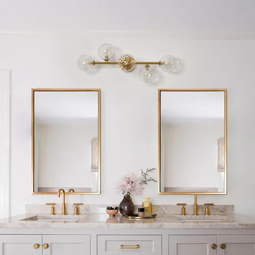 Miniatura 6 de Luminarias de Espejo de Tocador de Baño: Aplique de Pared de Baño Regulable de 5 Luces - Luces de Tocador de Latón Dorado con Pantalla de Vidrio
