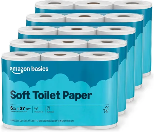 Amazon Basics Papel higiénico suave de 2 capas, 30 rollos (5 paquetes de 6), 350 hojas por rollo, seguro para sépticos, equivalente a 185 rollos