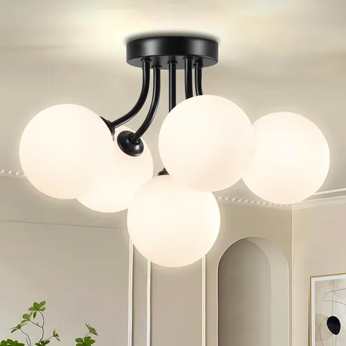 Lámpara de techo Sputnik negra montaje semiempotrado lámpara de techo de 5 luces con globo blanco lechoso moderna lámpara de araña Sputnik para