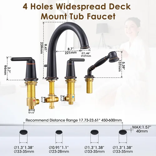 Miniatura 7 de Bathtub Faucet with Sprayer Bathroom Brass Roman Tub Faucet with Rough-in Valve Widespread Deck Mount Tub Filler Bronze WT-9808ORB02