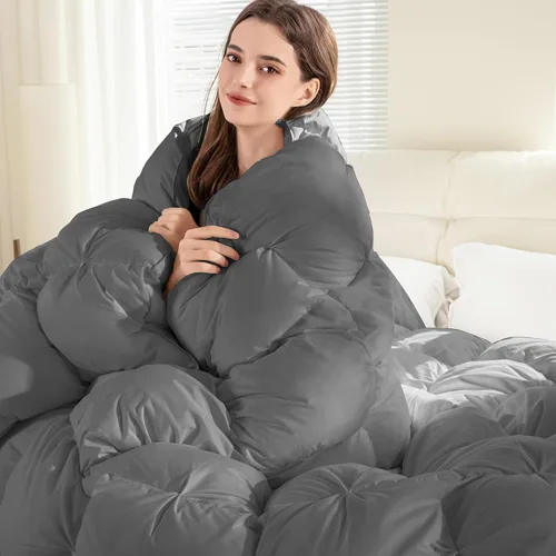 Miniatura 3 de ELNIDO QUEEN® Edredón de Plumas Tamaño Queen, Relleno de Edredón, Lujoso Edredón Esponjoso Gris de Hotel con Pliegues Pinzados para Cama - Funda