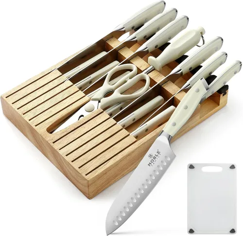 N NOBLE FAMILY Juego de bloque de cuchillos para cajón, juego de 16 piezas de cuchillos de cocina con bloque de madera, juego de cuchillos de corte,
