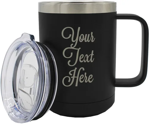 My Personal Memories Taza de café personalizada con aislamiento de 15 onzas con asa y tapa, monograma y grabado con tu texto (negro)