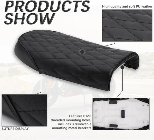 Miniatura 6 de Asiento plano retro de rombo negro vintage para motocicleta Cafe Racer para KZ400 KZ550 K750 Z650 W650 CB100 CB125 CB175 CB200 CB350 CL200 CL350