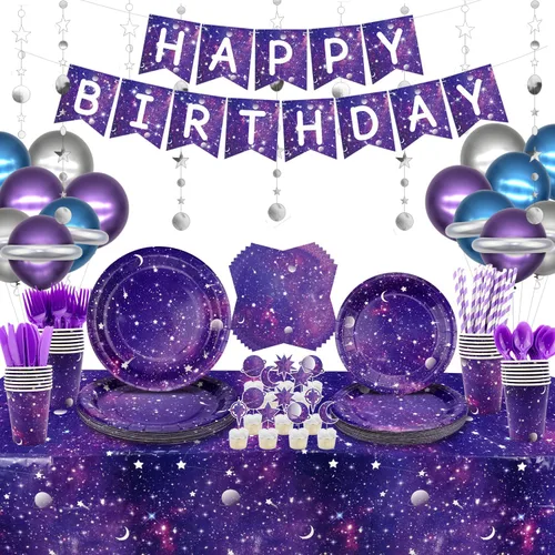 Space Galaxy Party Supplies - Juego de vajilla para fiestas, incluye pancarta, platos, servilletas para cupcakes, vasos, mantel, globos, globos de