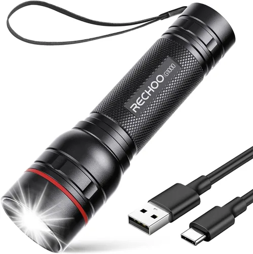 Miniatura 11 de RECHOO Linterna recargable, 1 unidad, luz brillante de grado militar, altos lúmenes con enfoque ajustable y 3 modos de iluminación, linterna LED