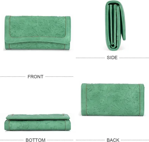 Miniatura 34 de MEITRUE Cartera de cuero para mujer, con bloqueo RFID, triple pliegue, con relieve, soporte para tarjetas, organizador de chequera para teléfono