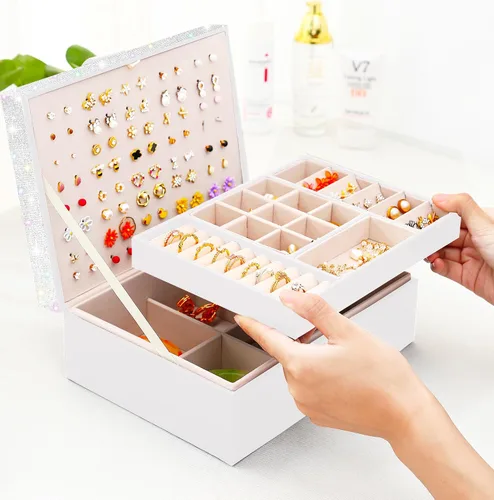 Miniatura 159 de Joyero de pendientes para mujeres y niñas, organizador de aretes de 5 capas, caja organizadora de joyas blanca con candado, collares y aretes