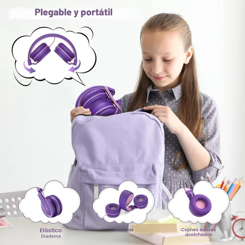 Miniatura 5 de Auriculares para niños, auriculares con cable para niños en la oreja con micrófono, limitador de volumen de 93 dB para niñas y niños, auriculares