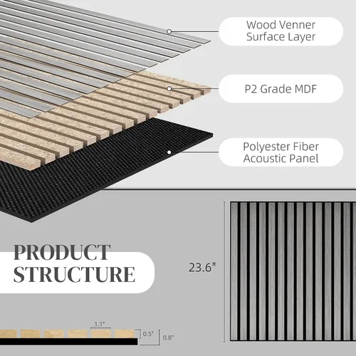 Miniatura 4 de HOMCOM Paquete de 4 paneles acústicos 3D, paneles de madera insonorizados de 24 x 24 pulgadas para pared, paneles de pared de listones de madera