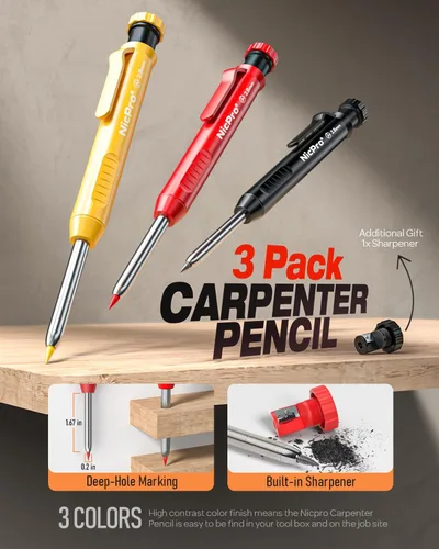 Miniatura 2 de Nicpro Juego de 16 lápices mecánicos para carpinteros con 42 recambios y herramienta de grabado en carburo, lápices de construcción, lápices