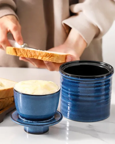 Miniatura 5 de Plato de Mantequilla de Cerámica, Plato de Mantequilla con Tapa, Recipiente de Mantequilla de Cerámica para Encimera, Mantequilla Francesa