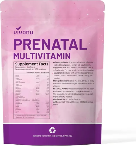 Miniatura 9 de VivoNu Vitaminas prenatales para mujeres, vitamina D3, K2, B6, B12, C con ácido fólico, DHA, colina, probióticos, hierro, calcio, zinc y magnesio