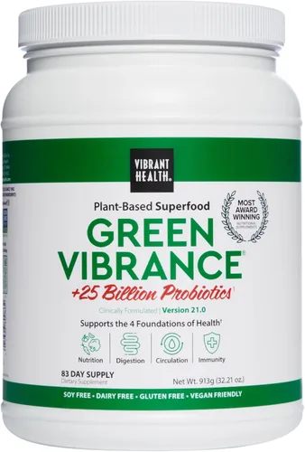 Miniatura 12 de Vibrant Health, Green Vibrance, incluye 65 superalimentos a base de plantas, 25 mil millones de probióticos, fibra, adaptógenos y enzimas, 30