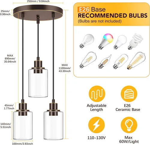 Miniatura 3 de MAXvolador Lámpara colgante industrial de 3 luces, lámpara de techo colgante ajustable con pantalla de vidrio transparente, iluminación colgante