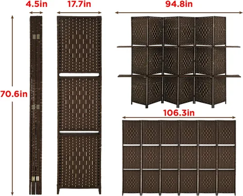 Miniatura 7 de Pantalla de privacidad plegable de madera de 6 pies de alto, divisor de habitación de 6 paneles con estantes, divisor de división portátil, panel