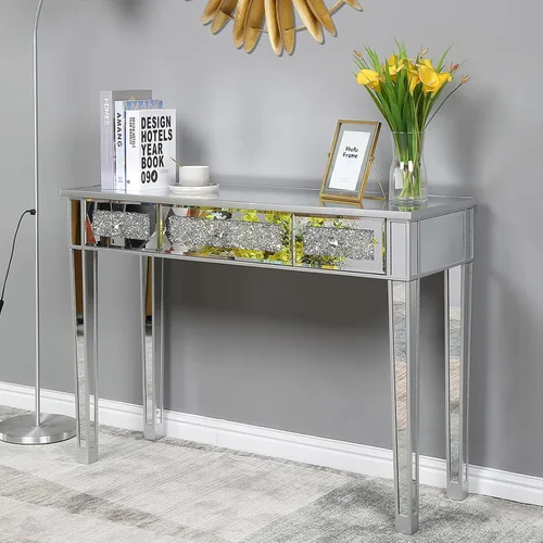 Miniatura 10 de Henf Mesa de consola con espejo, mesa de tocador de maquillaje, mesa de entrada plateada de 3 cajones para mujeres y niñas, entrada, hogar, oficina