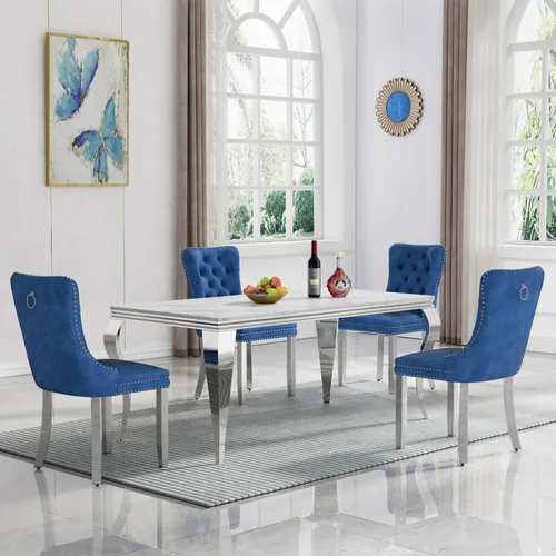 Miniatura 32 de HomVent Juego de mesa de comedor moderna de mármol sintético para 4 personas, mesa de cocina rectangular con 4 sillas beige (dorado)