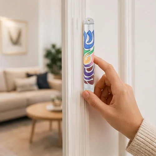 Miniatura 6 de Matashi Esmalte azul pintado a mano de 6 pulgadas Mezuzah adornado con espinilla hebrea, decoración de pared para puerta del hogar, decoración