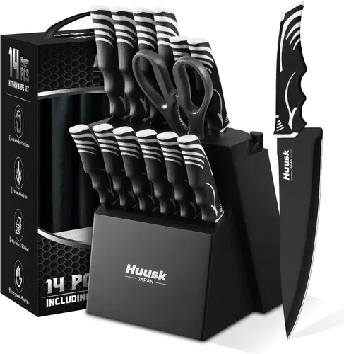 Miniatura 8 de Juego de bloque de cuchillos Huusk con afilador - Juego de cuchillos de cocina blancos con bloque de cuchillos de madera - Regalos ideales para casa