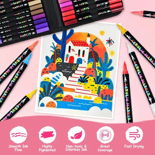 Miniatura 6 de IVSUN Bolígrafos de Pintura Acrílica, 100 Colores Marcadores de Pintura de Doble Punta con Punta Fina y Punta de Pincel para Piedra, Madera, Lienzo