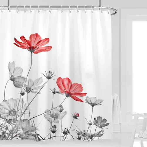 Miniatura 27 de Cortina de ducha de 72" x 72" con flores grises y rosas, gris y blanco, flores silvestres, margaritas, plantas, pintura de tinta, botánica