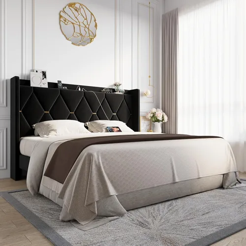 Miniatura 12 de Allewie Base de cama tapizada Velvet Queen con cabecera de almacenamiento con respaldo alado y estación de carga, cama de plataforma con diseño
