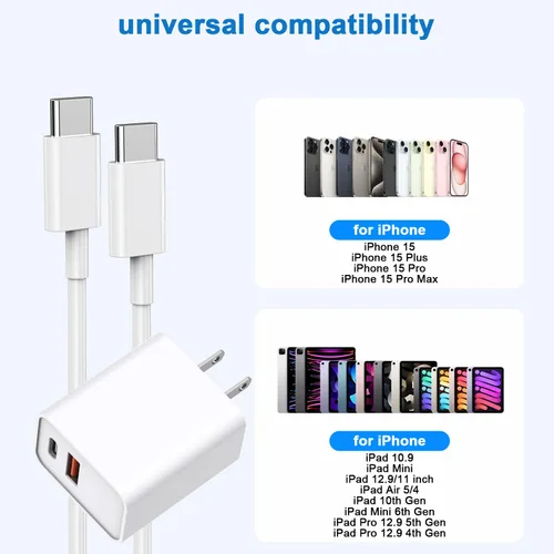 Miniatura 7 de Cargador rápido de 10 pies para iPhone 17/16e, paquete de 2 adaptadores de corriente USB C+A de 20 W de doble puerto, cable de carga rápida USB C a