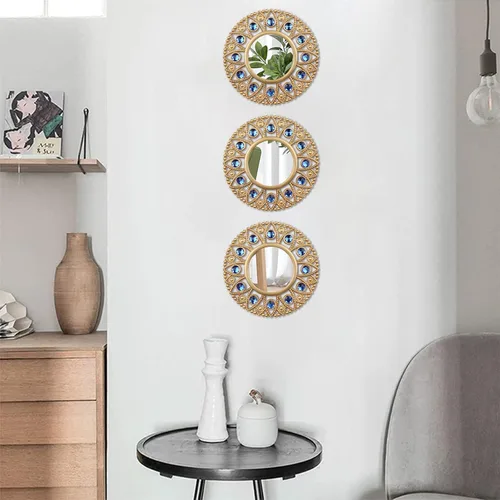 Miniatura 3 de DXYAKY Juego de 3 espejos decorativos redondos dorados para pared, espejos con marco de plástico ligero con detalles de cristal azul, decoración