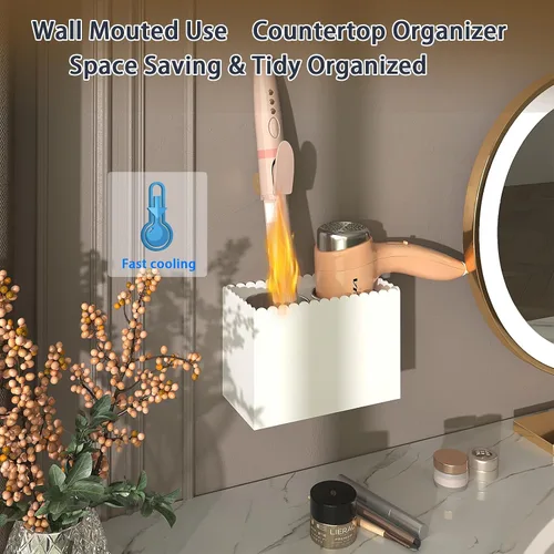 Miniatura 2 de Organizador de herramientas para el cabello, soporte para secadora de pelo de montaje en pared con 2 tazas, diseño festoneado, organizador