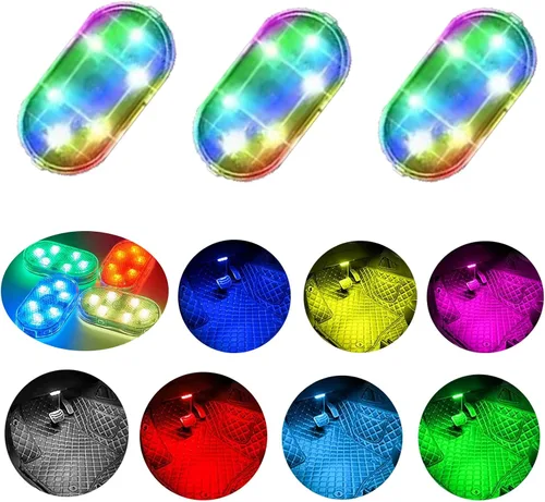 3 piezas de luces LED para interior de coche, luces LED interiores para coche de 7 colores con 6 brillantes bombillas LED, luz recargable por USB,