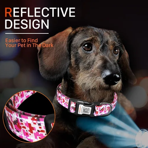 Miniatura 5 de Collar Reflectante para Perro, Collares Personalizados para Perro con Hebilla de Código QR, Collar de Nailon Suave para Mascotas Ajustable para Camo