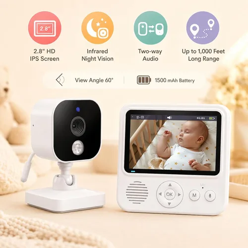 Miniatura 2 de Monitor de bebé con cámara y audio, monitor de bebé sin WiFi con pantalla IPS de 2.8 pulgadas, batería de 120 horas, alcance de 1000 pies