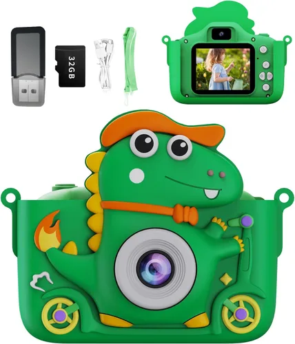 Cámara para niños, con pantalla LCD de 2.0 pulgadas, tarjeta de memoria de 32 GB, cámara de juguete de dinosaurio para niños y niñas