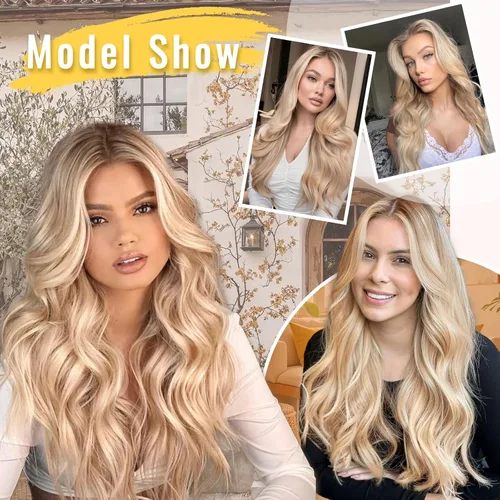 Miniatura 6 de Extensiones de cabello con clip de Vigorous de 20 pulgadas, con reflejos rubio playa, extensiones de cabello ondulado largo y suave de cabello