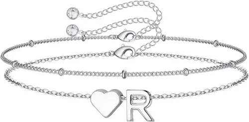 Miniatura 21 de M MOOHAM Pulseras de oro con inicial de corazón para mujer, pulseras con dije de letra A-Z de corazón dorado en capas para mujer, pulseras