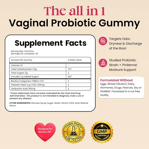 Miniatura 4 de Flora+ Gomitas probióticas vaginales para mujeres para el equilibrio del pH, apoyo contra el olor y la frescura con prebióticos y ácido hialurónico